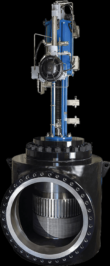Image of large valve with body painted black and stem painted blue on black backgroun d