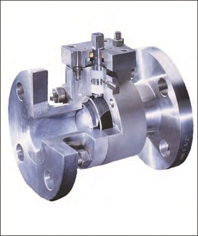 Cutaway of large, flange-end split body design ball valve.