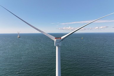 Close up photo of motor of a large windmill in the Atlantic Ocean off the coast of Martha's Vineyard, Massachusetts.