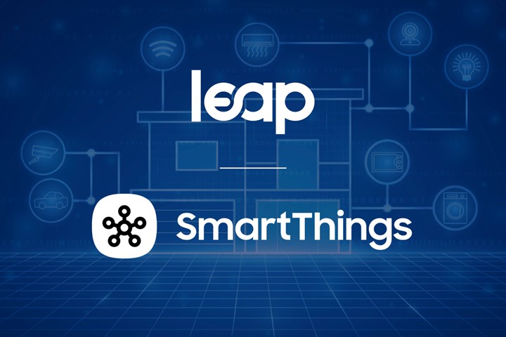 Blue graphic of network with Leap and Smart Things logos