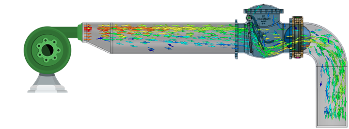 CFD diagram of check valve installed 10 lengths from pump to increase laminar flow.
