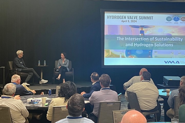 Photo of Mike Train from Emerson and Rachel Hollinger from DeZurik on a stage at VMA Hydrogen Summit