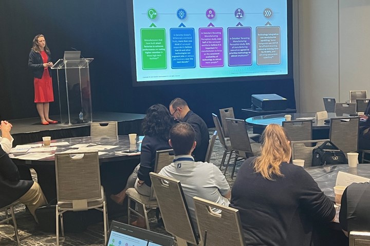 Photo of Deloitte's Lauren Bruns during keynote at VMA Valve Forum