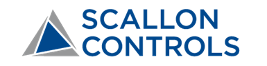 Blue and gray Scallon Controls logo with two colored triangles for logo